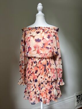 VICI Floral Summer Ruffle Off the Shoulder Smocked Mini Long Sleeve Dress Small